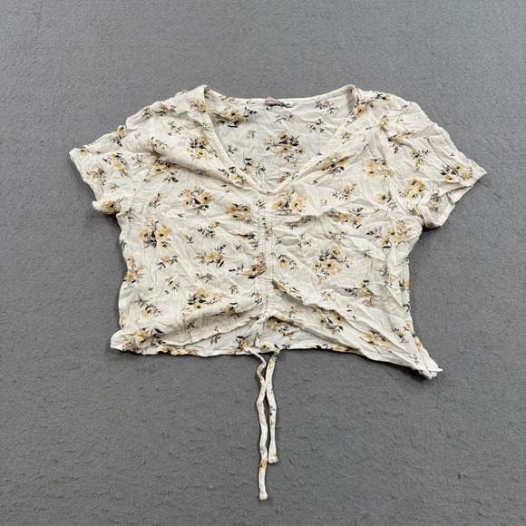 Ardene Tops - Ardene Crop Top Women's Medium White Yellow Floral Ruched V-Neck Short Sleeve